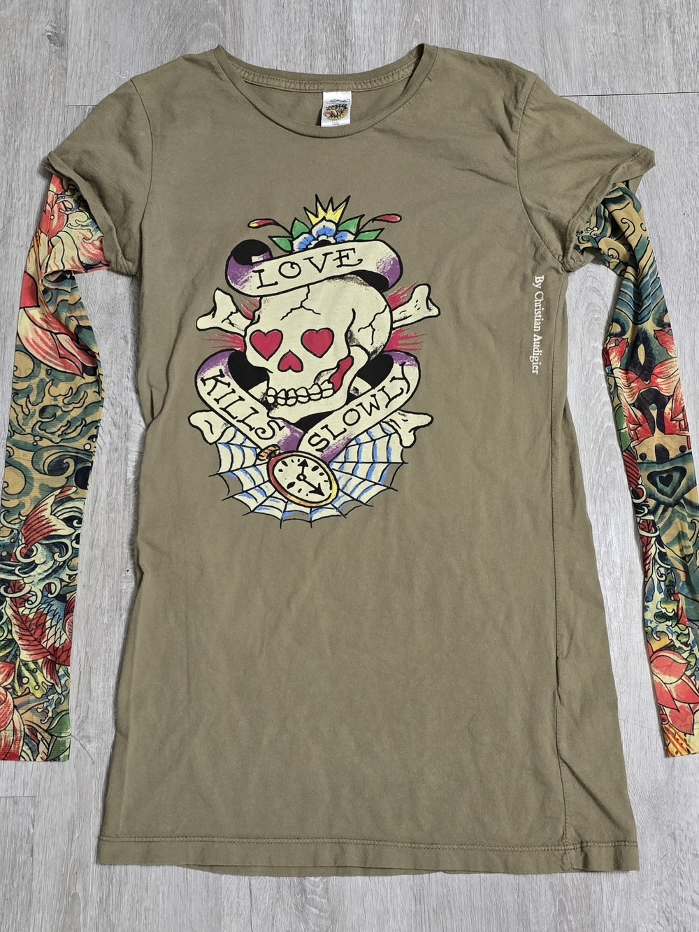 Vintage Y2K Ed Hardy Christian Audigier Mesh Tattoo Long Sleeve Top Love Kills